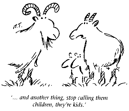 Cartoon: Eine Ziege mit zwei Kleinen sagt zu einer anderen: "... and another thing, stop calling them children, they're kids."